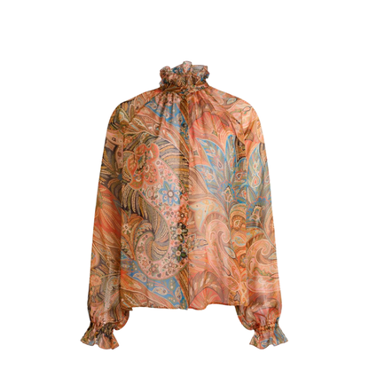 Silk Shirt with Ruffles and Paisley Motif