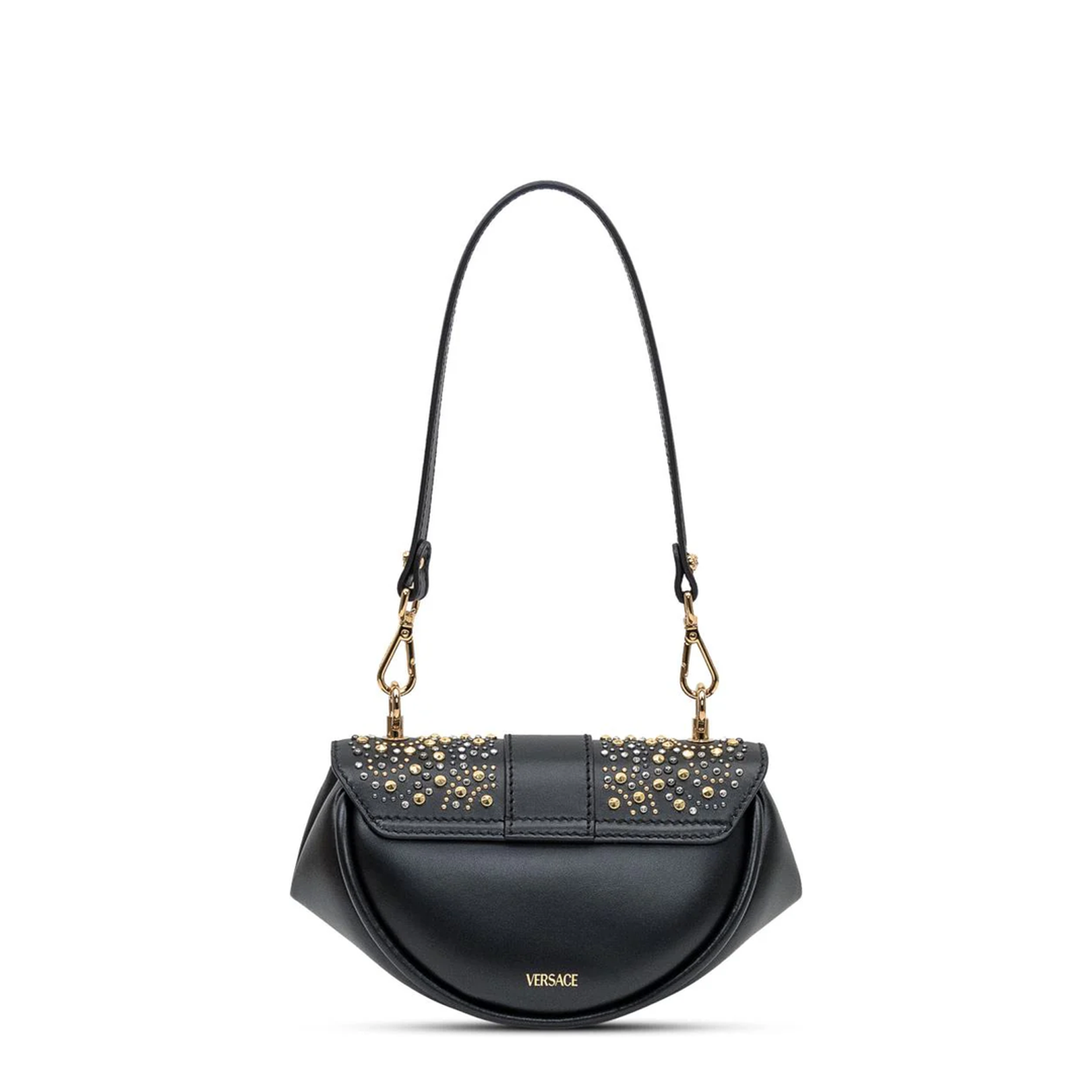 Black Leather Shoulder Bag with Stud Applications