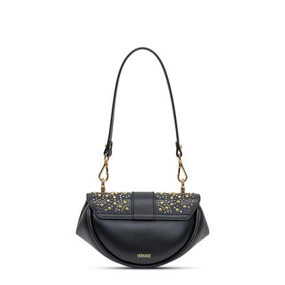 Black Leather Shoulder Bag with Stud Applications