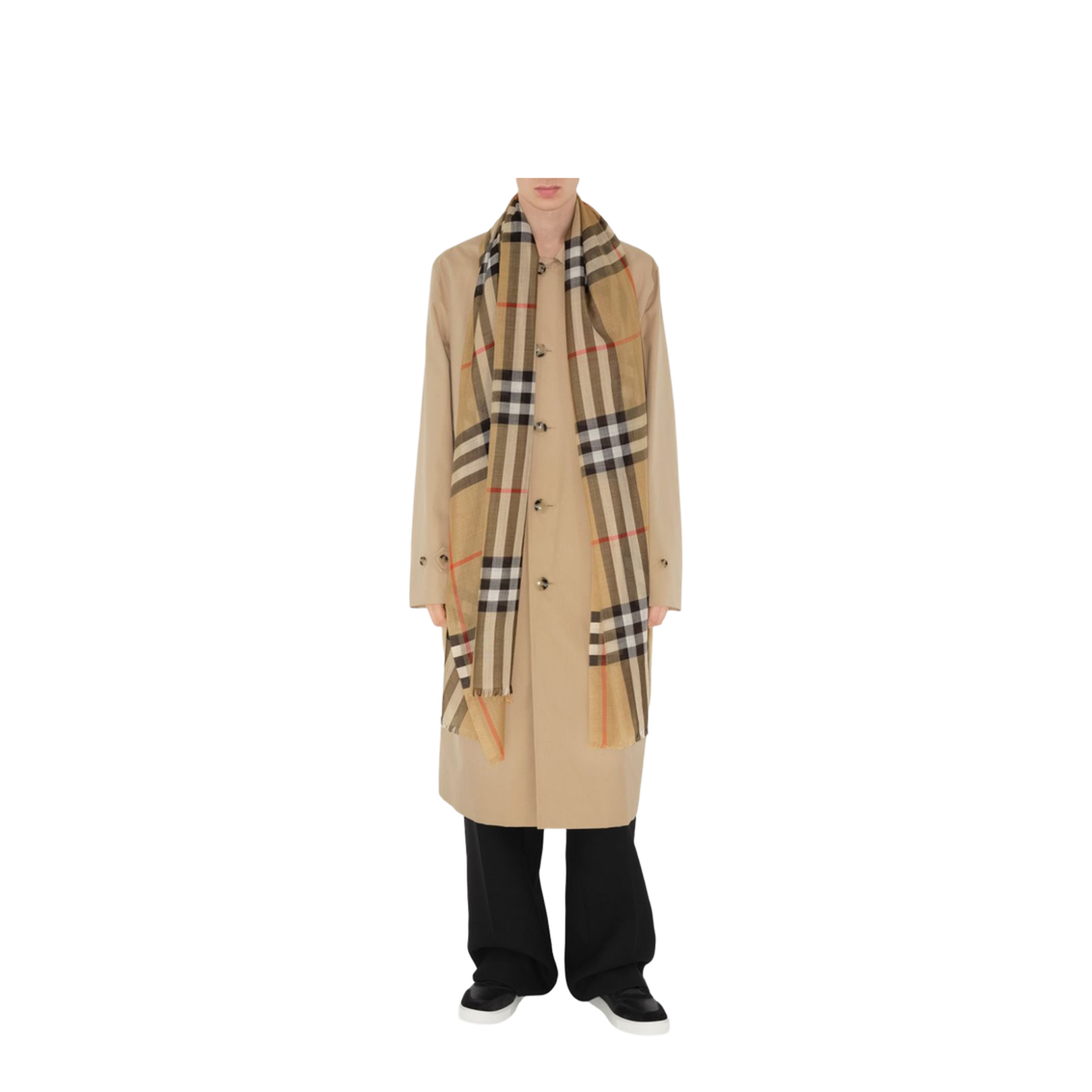 Beige Wool-Silk Blend Plaid Check Scarf