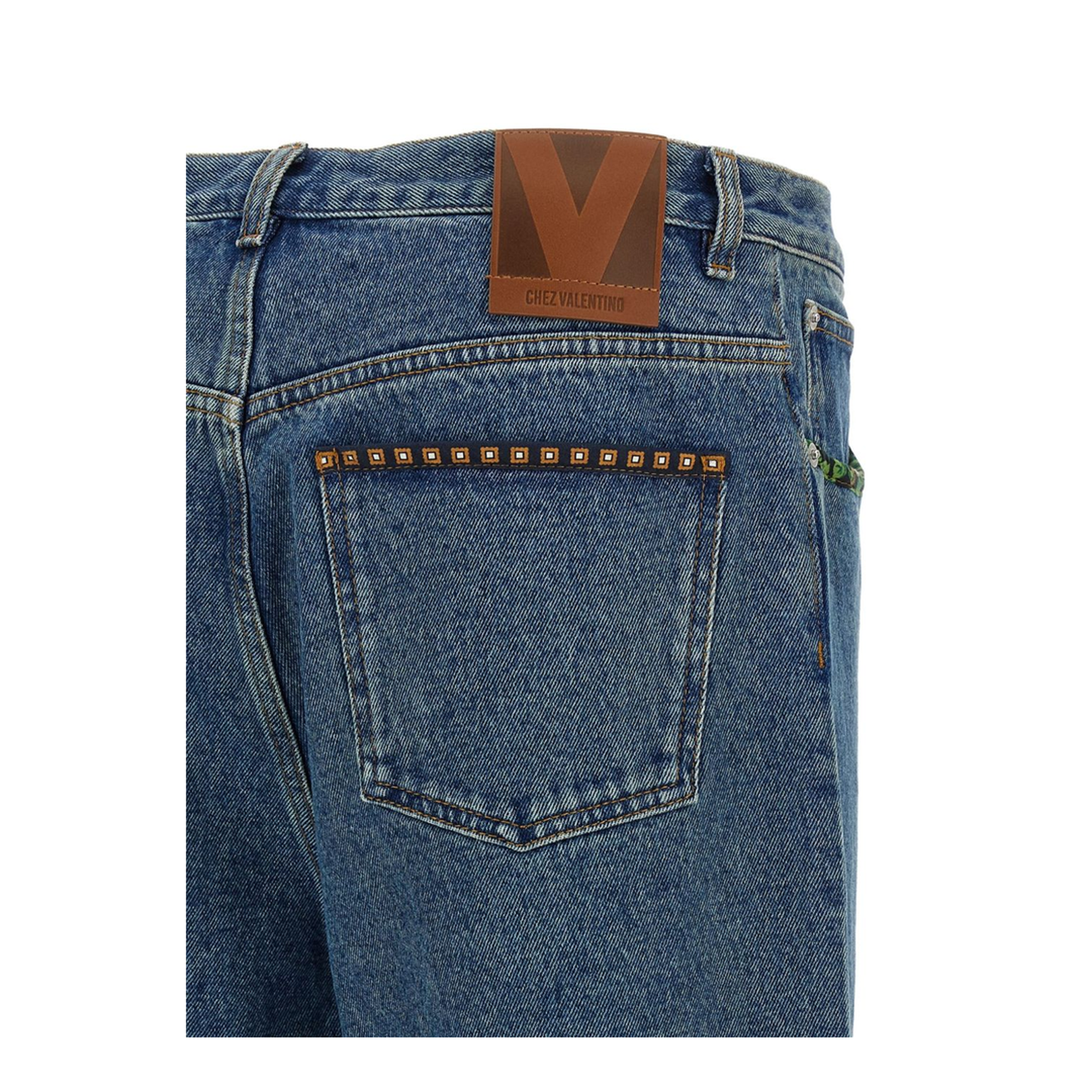 Denim Pants With Printed Border in Blue