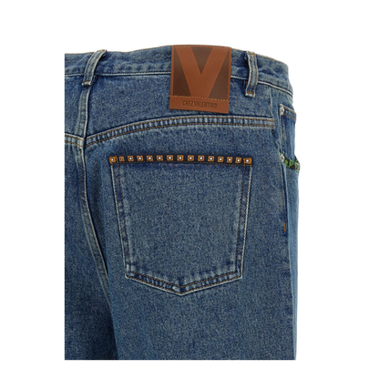 Denim Pants With Printed Border in Blue