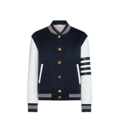 MAYFEYR - Thom Browne - Relaxed Fit Varsity Jacket With Leather Sleeves And Applique Zig Zag Stitch - FBD071EF1027415