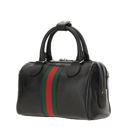 Web Trademark Small Leather Duffle Bag - Black