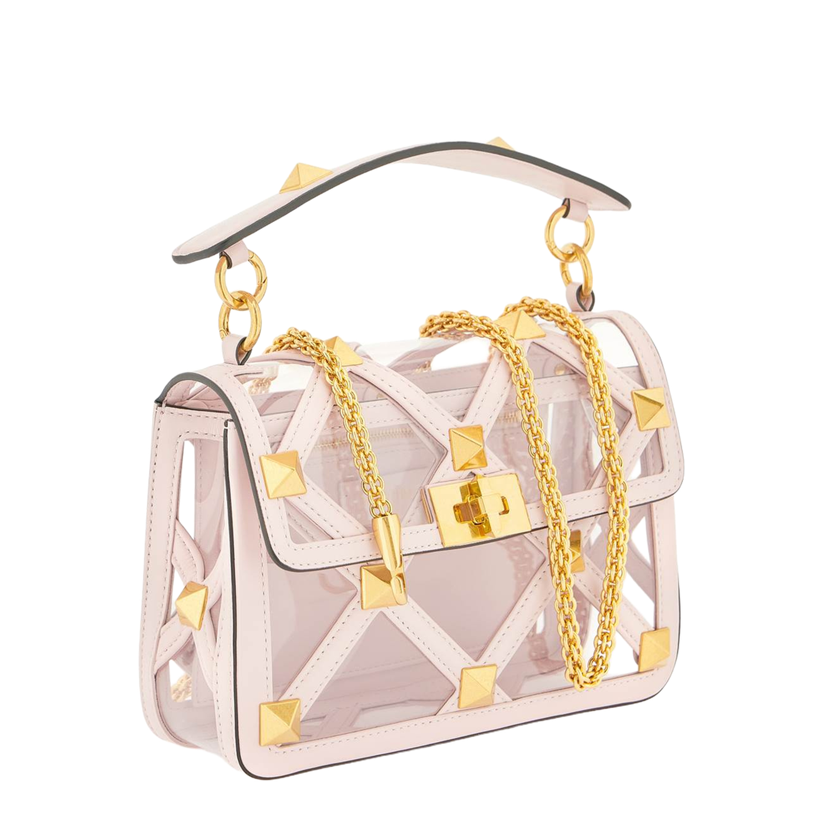 Pastel pink polymeric material and leather medium Roman Stud handbag