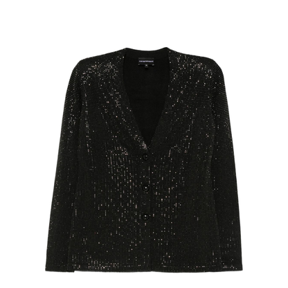 Virgin Wool-Blend Plain-Knit Cardigan with All-Over Rhinestones