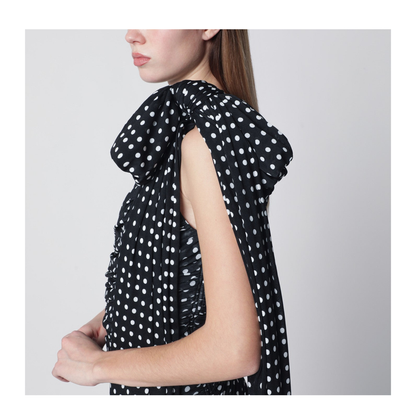 Blue Polka Dot Draped One-Shoulder Dress