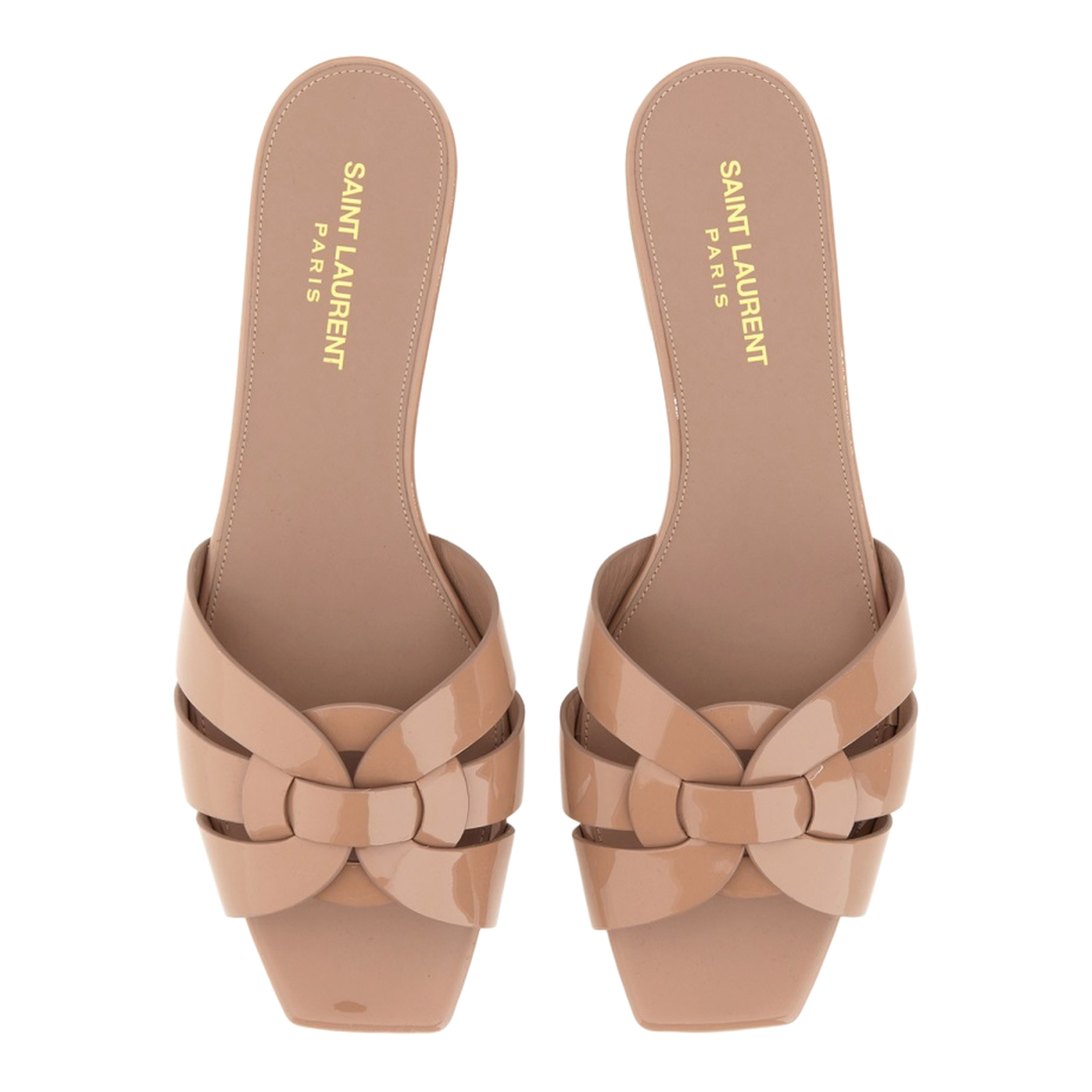 Powder Pink Leather Patent Finish Square Open Toe Multi-Way Strap Design Flat Sole Slip-On Style