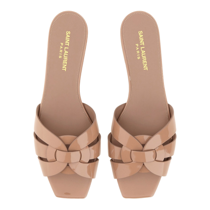 Powder Pink Leather Patent Finish Square Open Toe Multi-Way Strap Design Flat Sole Slip-On Style