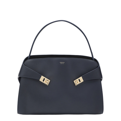 Hug Soft Large Calf Leather Shoulder Bag - Navy
