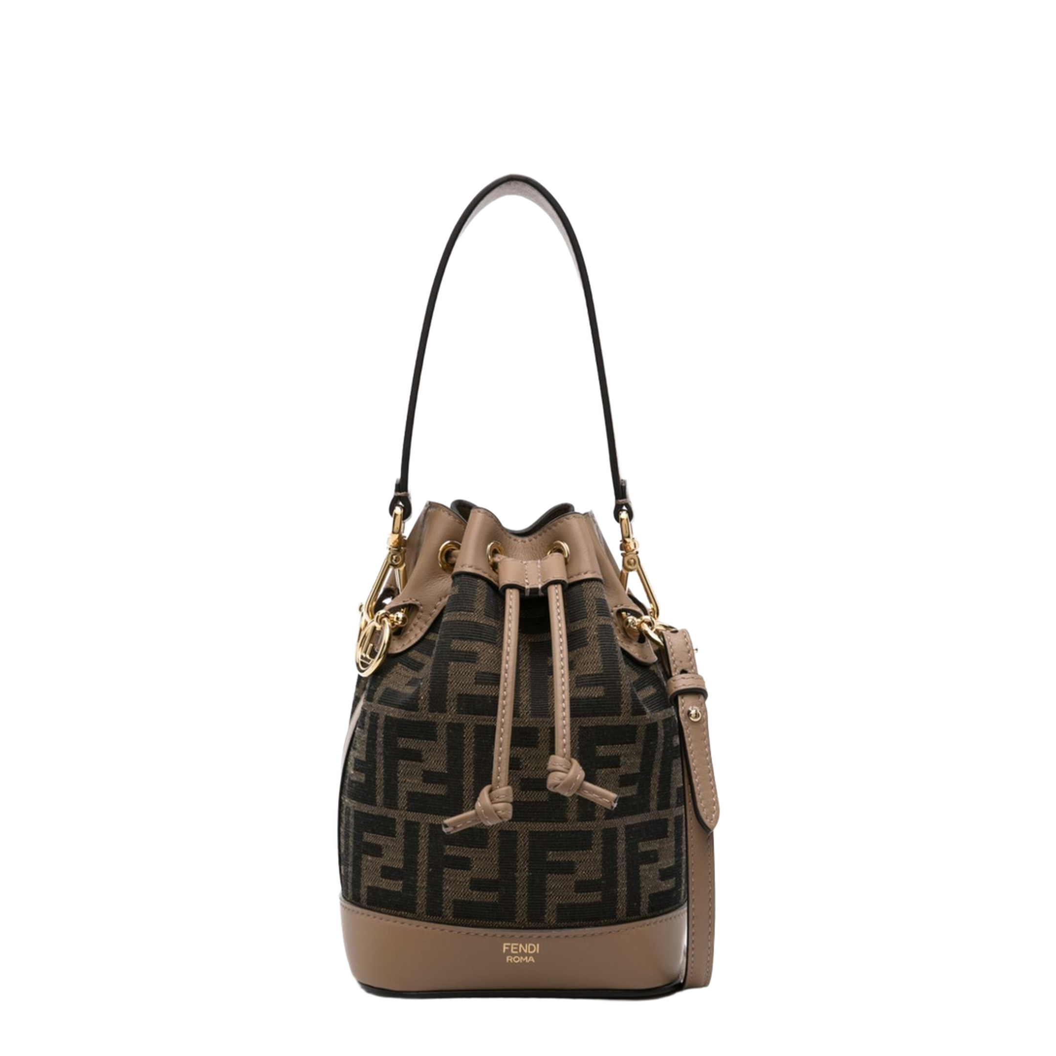 Brown Beige Canvas Leather Trim Drawstring Bag