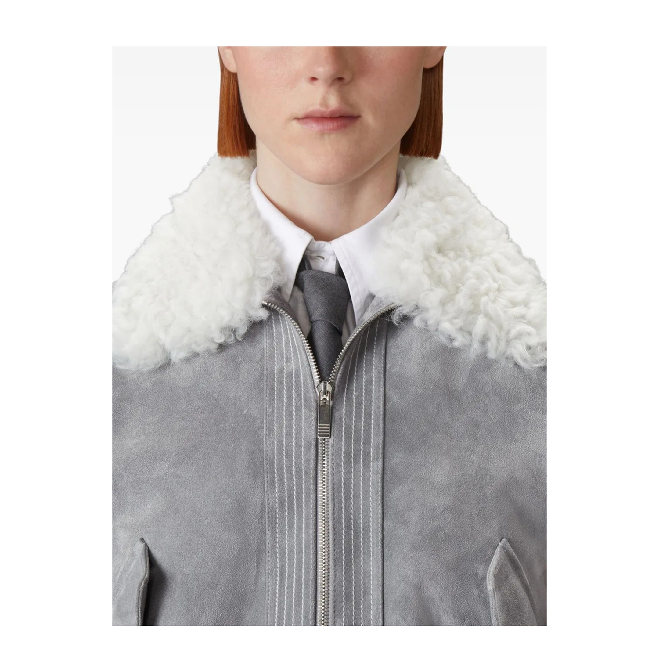 MAYFEYR - Thom Browne - Cropped Flight Jacket With Shearling Collar In Suede - FBC910YL0140035