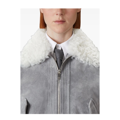 MAYFEYR - Thom Browne - Cropped Flight Jacket With Shearling Collar In Suede - FBC910YL0140035
