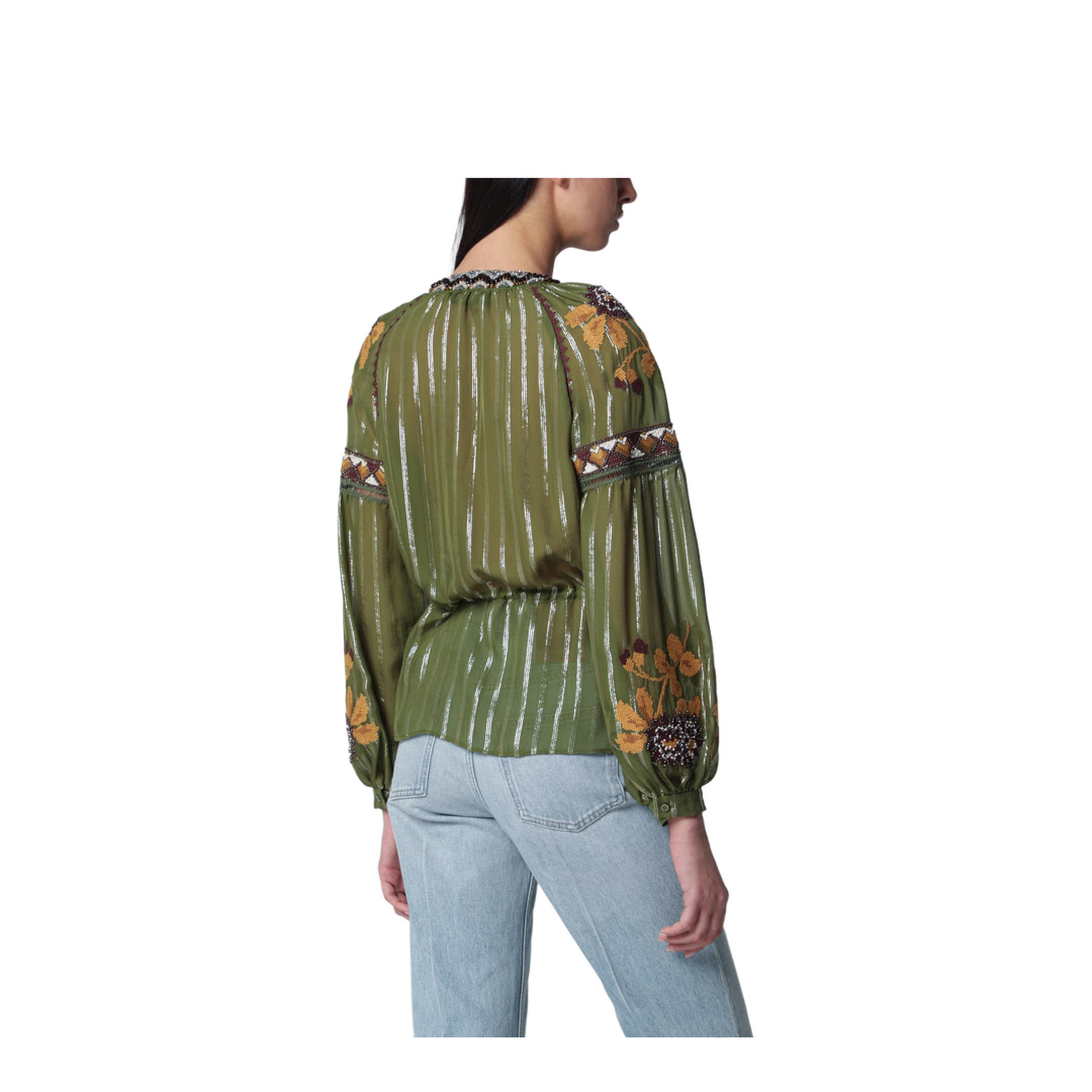 Embroidered Lurex Silk Shirt Green Camou