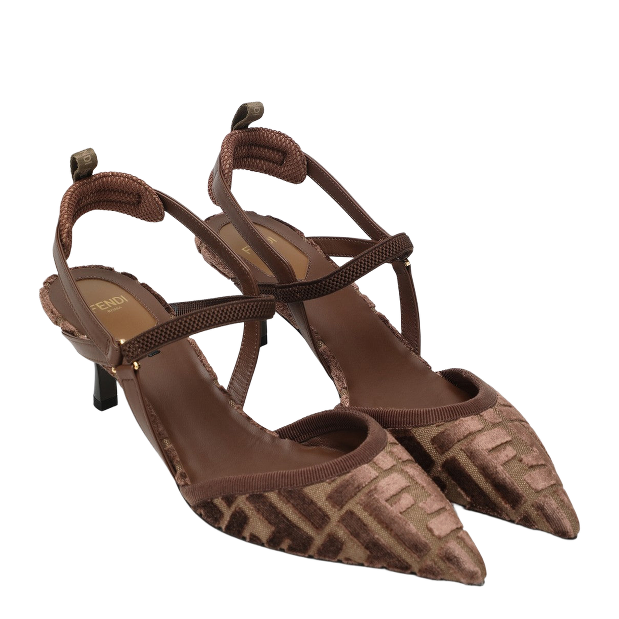Brown FF Motif Jacquard Velvet Slingback Strap Pointed Toe