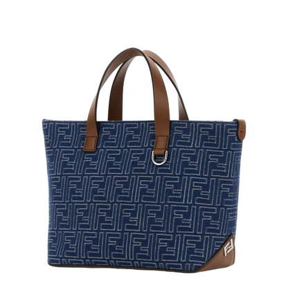 FF Leather Denim Effect FF Jacquard Blue And Brown Small Shopping Bag