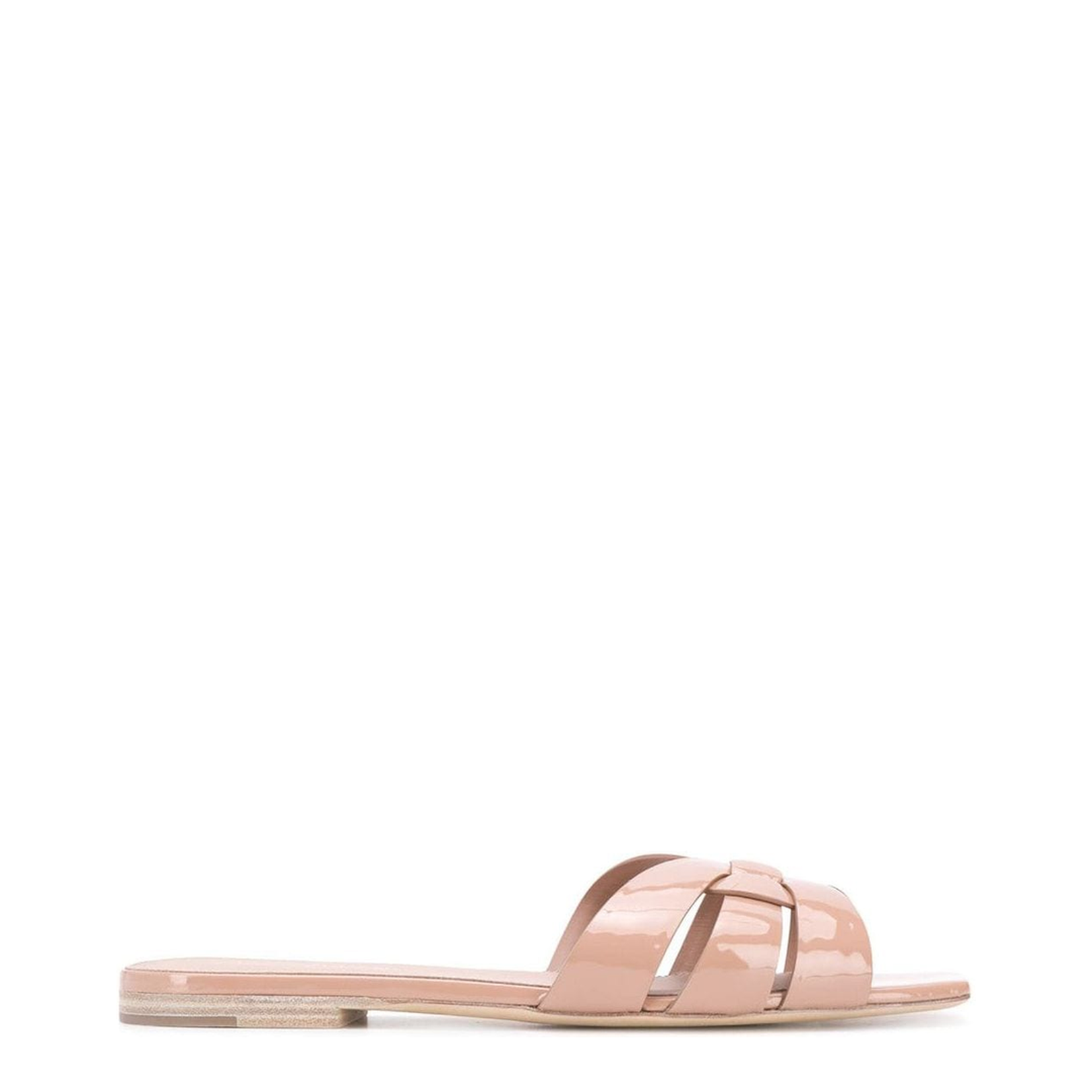 Powder Pink Leather Patent Finish Square Open Toe Multi-Way Strap Design Flat Sole Slip-On Style