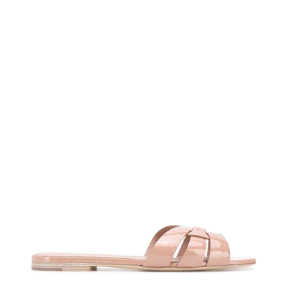Powder Pink Leather Patent Finish Square Open Toe Multi-Way Strap Design Flat Sole Slip-On Style