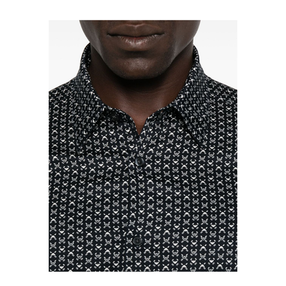 Navy Blue Geometric Print Long Sleeve Button Fastening Collared Shirt