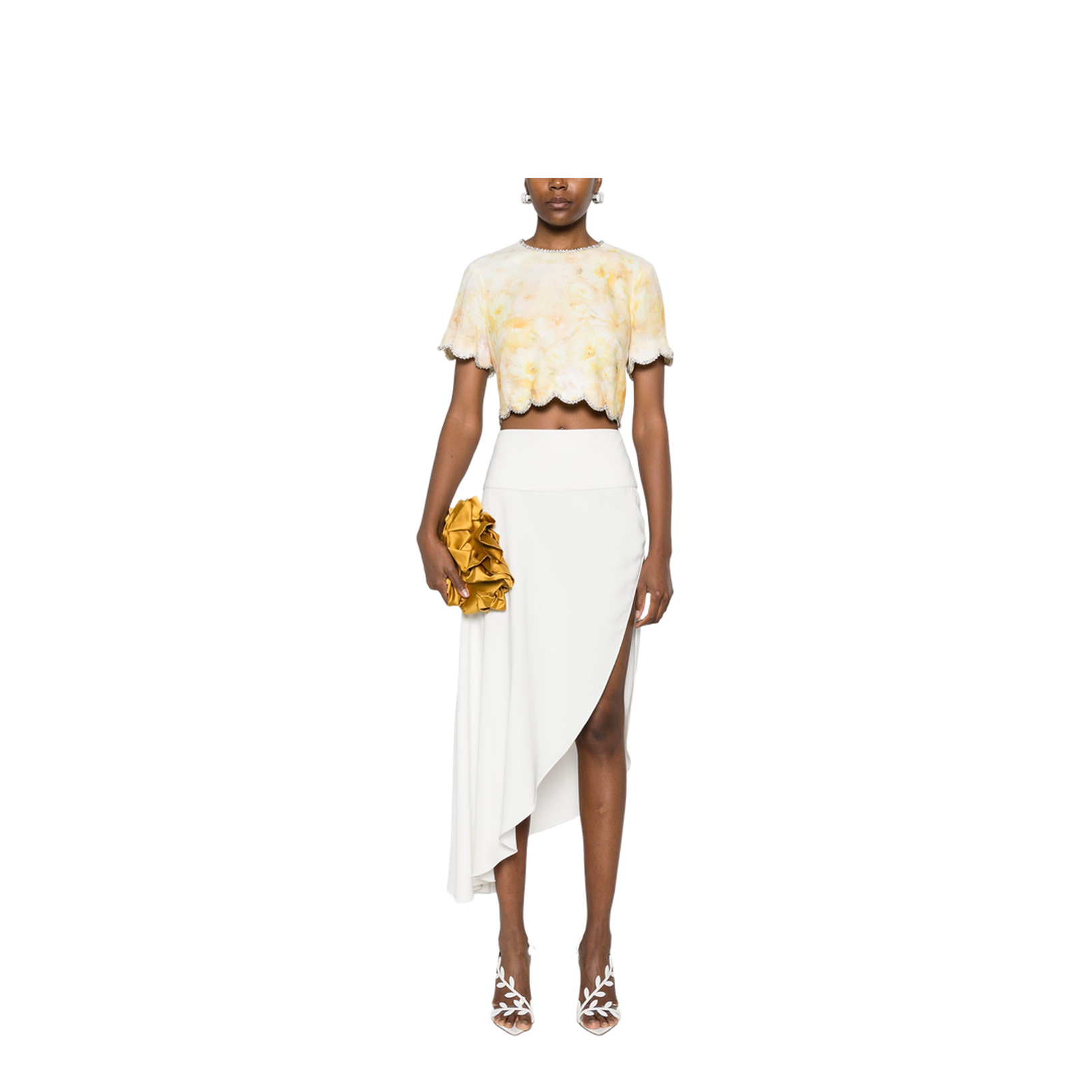 Short Top In Yellow Linen With Floral Print