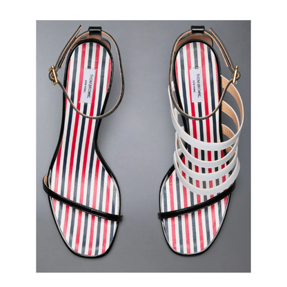 MAYFEYR - Thom Browne - 4 Bar Strappy Heel Sandal W/ 90Mm Round Curved Heel In Soft Patent Leather - FFA007A00216980