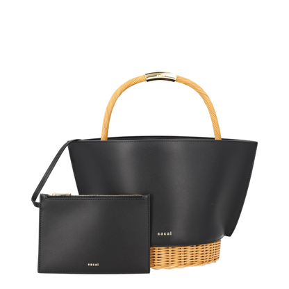 Leather Crossbody Bag With Raffia Details - Black