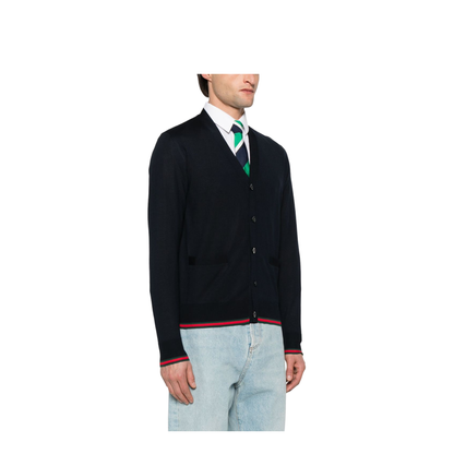 Wool Knit Cardigan with Web in Dark Blue