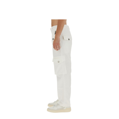 White Cargo Pants Silver Logo Plate