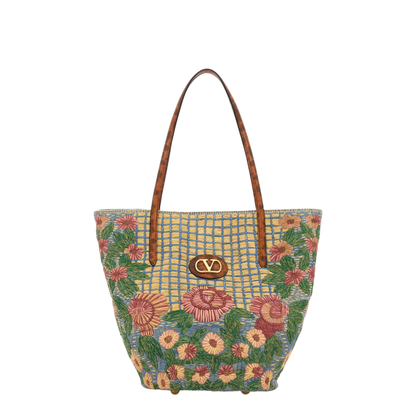 Embroidered Raffia Vlogo Signature Shopping Bag