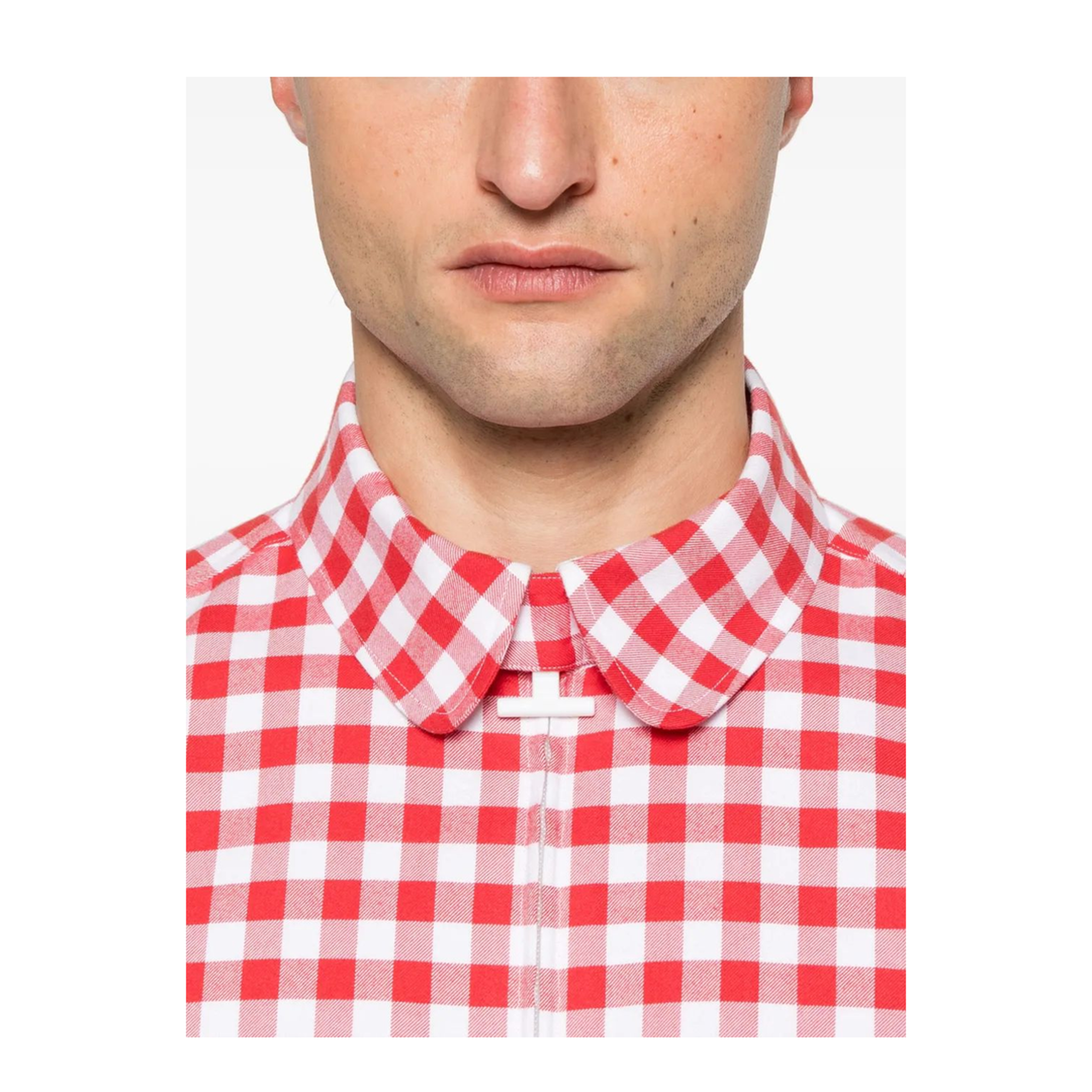 MAYFEYR - Thom Browne - Rc Round Hem Zip Up Shirt With T Bar Puller In 4 Bar Gingham Check Flannel - MWL416AF0945600