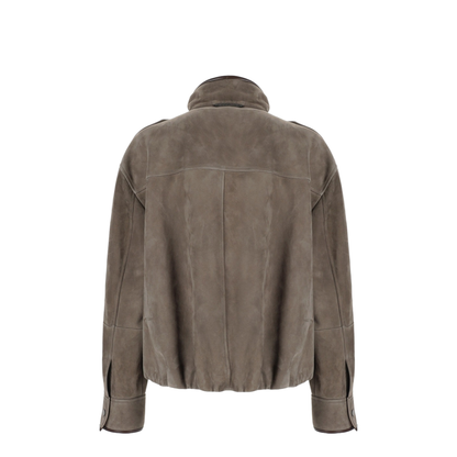 Faded Green Jacket With High Neck And Front Patch Pockets In Suede