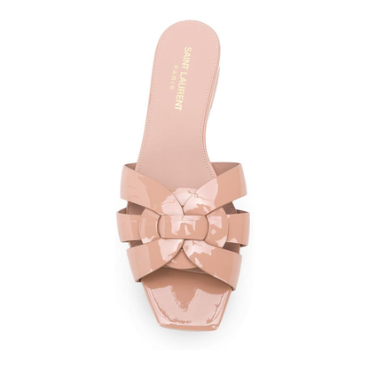 Powder Pink Leather Patent Finish Square Open Toe Multi-Way Strap Design Flat Sole Slip-On Style