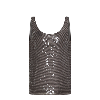 Brown Silk Sequin Top With Round Neck