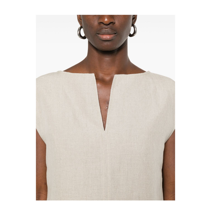 Sand Beige Short Side Slits V-Neck Sleeveless