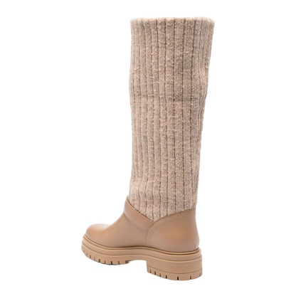 Desert Beige Calf Leather Panelled Design Slip-on Boots