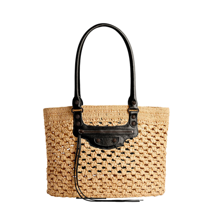 Le City Medium Raffia-Effect Fabric Basket Bag - Natural/Black