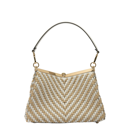 Vela Medium Woven Leather and Raffia Shoulder Bag - White