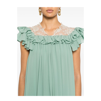 Short-sleeve mini dress in silk georgette & lace