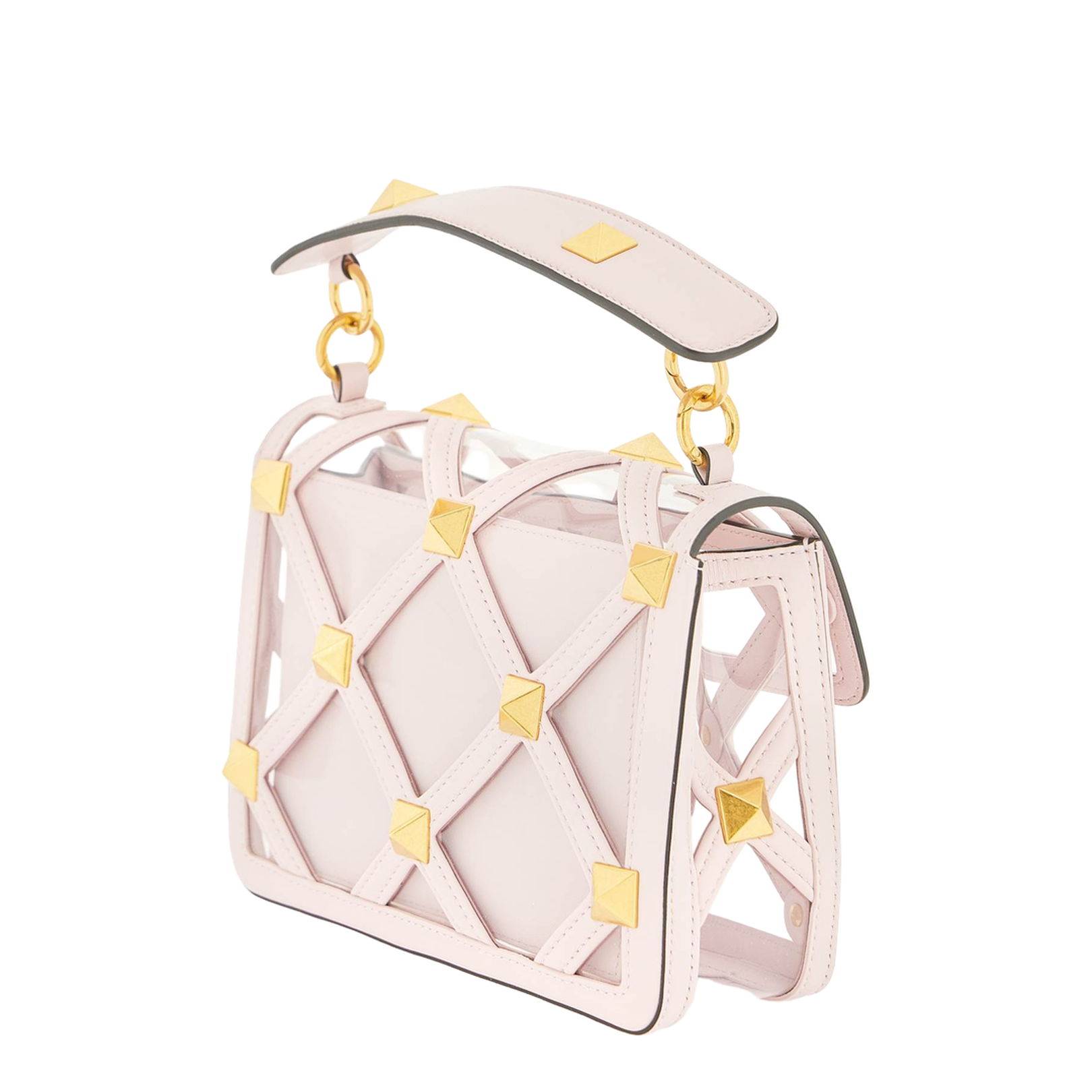 Pastel pink polymeric material and leather medium Roman Stud handbag