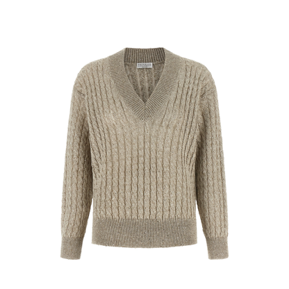 Beige Cotton Sweater with Sequins V-Neck