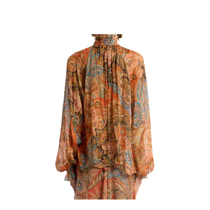 Silk Shirt with Ruffles and Paisley Motif