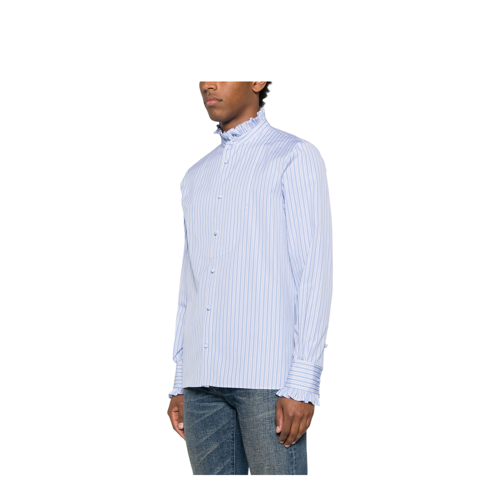 Striped Cotton Shirt With Ruffles - Sky Blue