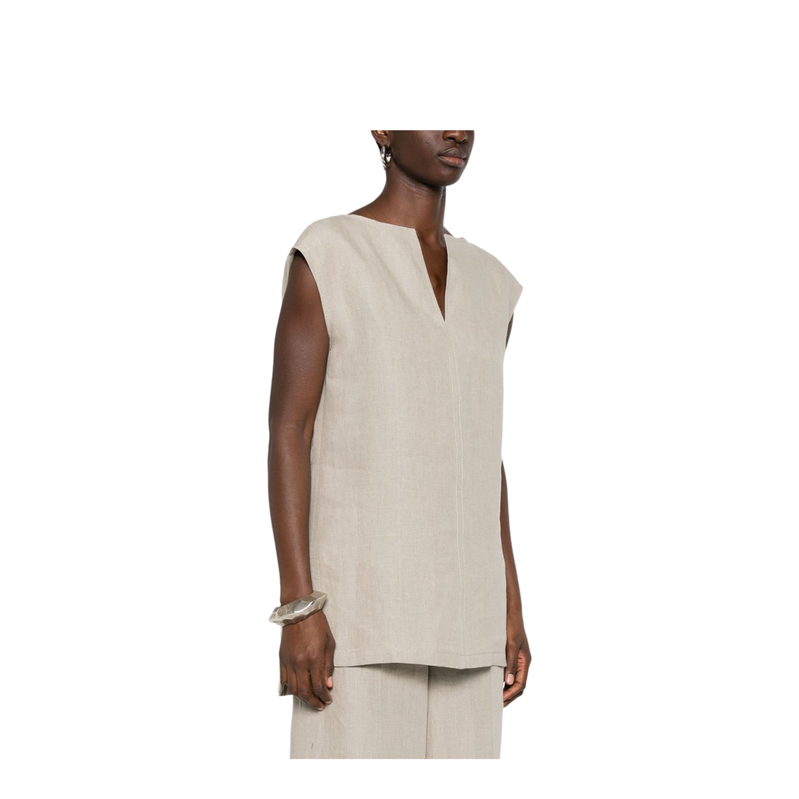 Sand Beige Short Side Slits V-Neck Sleeveless