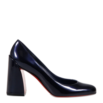 Dark Blue Patent Leather Block Heel Round Toe