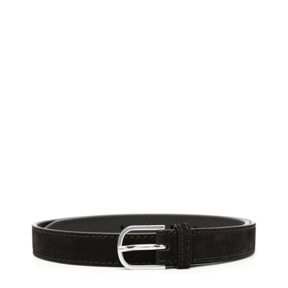 Coffee Brown Calf Suede Logo-Engraved Buckle