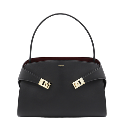 Hug Soft Medium Calf Leather Shoulder Bag - Nero / Burgundy