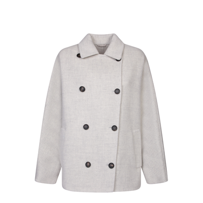 Mixed Wool Fabric Coat with Six Front Buttons, Classic Collar, and Two Side Pockets