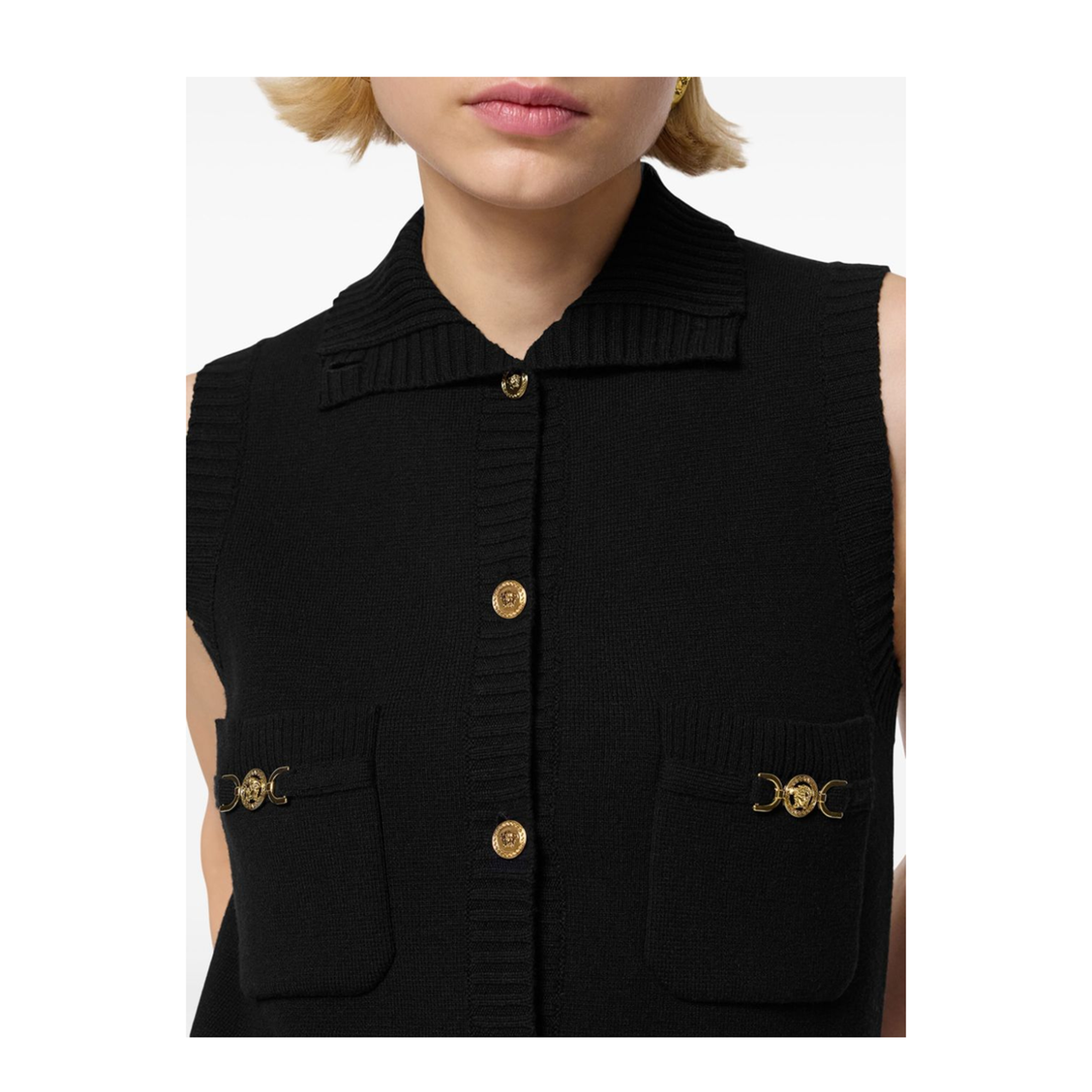 Black Mini Sleeveless Dress with Medusa Detail