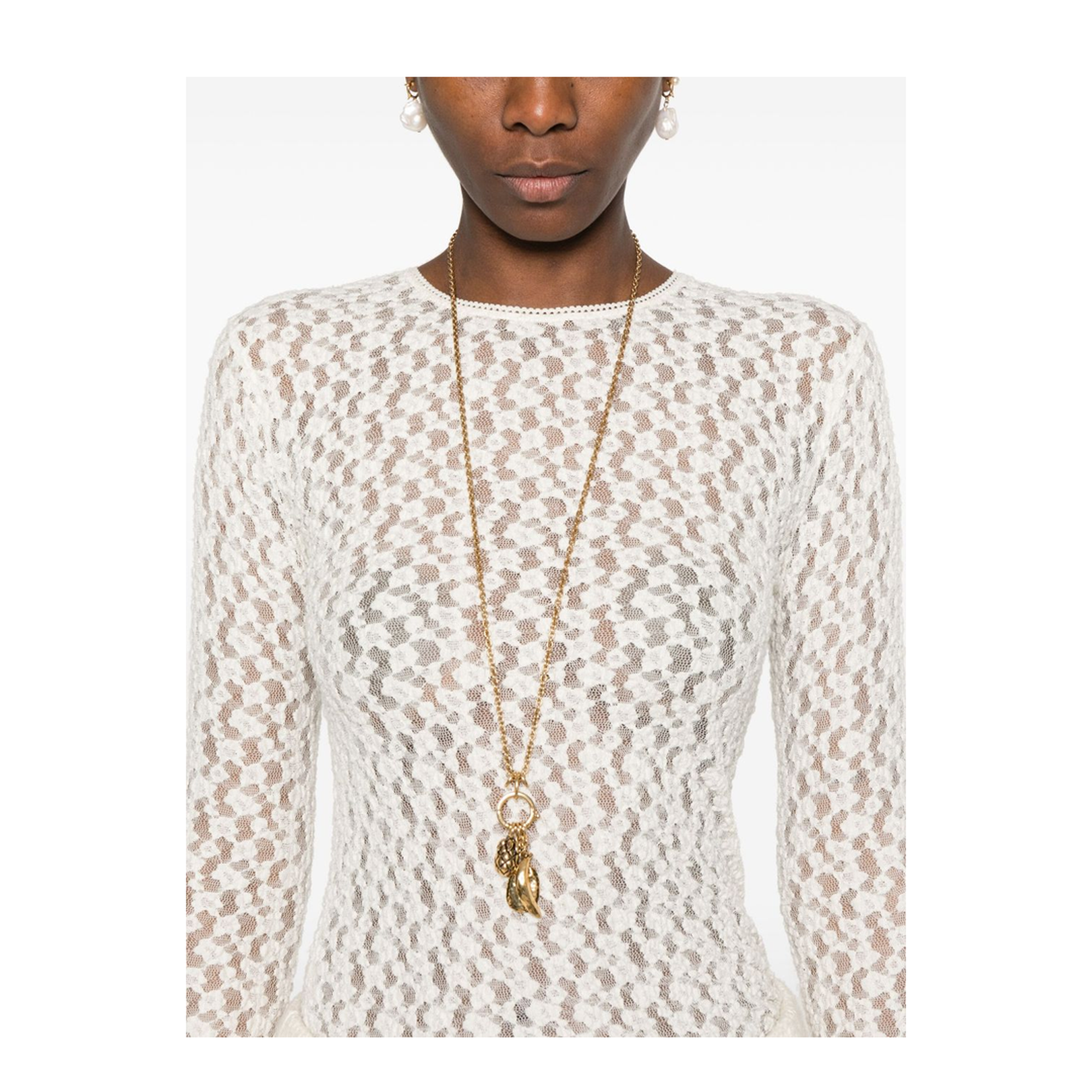 White Crew Neck Long Sleeve Dress with Floral Embroidery