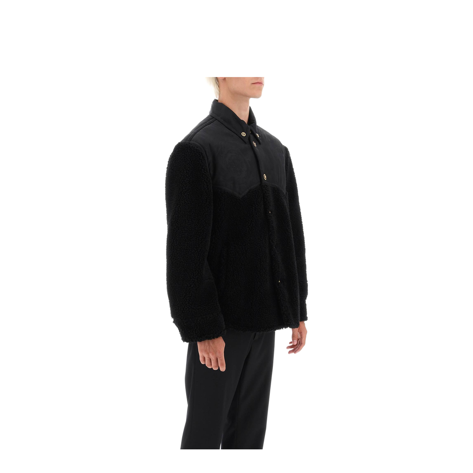 Faux Shearling And Technical Jacquard Jacket In Black